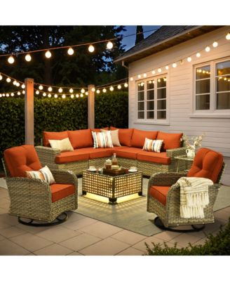 9 Pieces Outdoor Patio Furniture Set,Rattan Sectional Sofa Couch,Outside Coversation Set with Extra Deep Swivel Chairs and Solar Coffee Table for Porch Balcony Backyard Deck Poolside