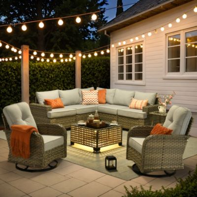 9 Pieces Outdoor Patio Furniture Set,Rattan Sectional Sofa Couch,Outside Coversation Set with Extra Deep Swivel Chairs and Solar Coffee Table for Porch Balcony Backyard Deck Poolside