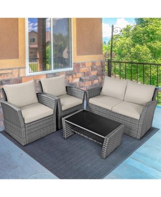 4 Piece Outdoor Furniture Set Patio Rattan Conversation Set w/ Cushions