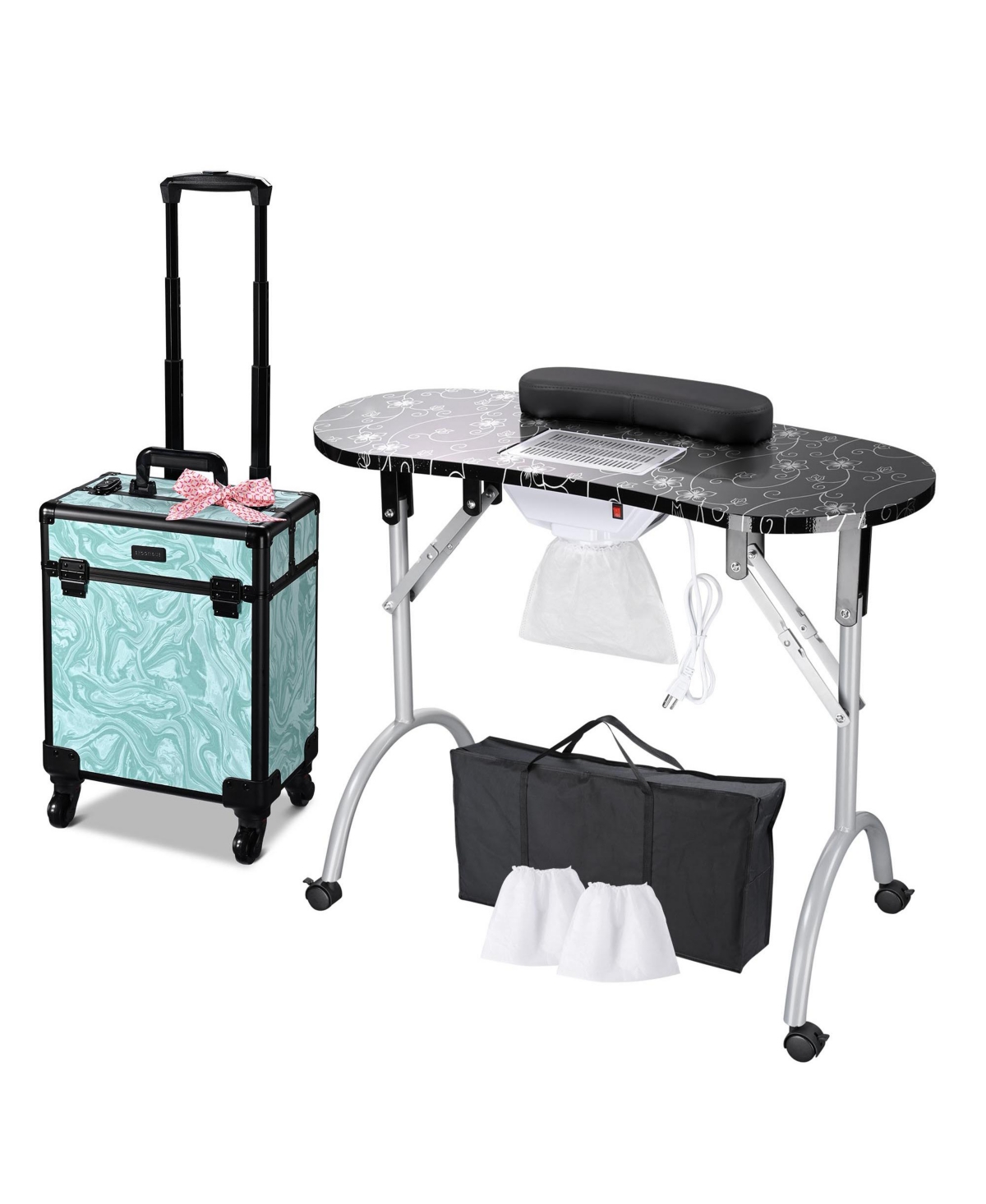 Manicure Table Nail Desk & Rolling Makeup Train Case Kit Salon Cb Dusk - Black