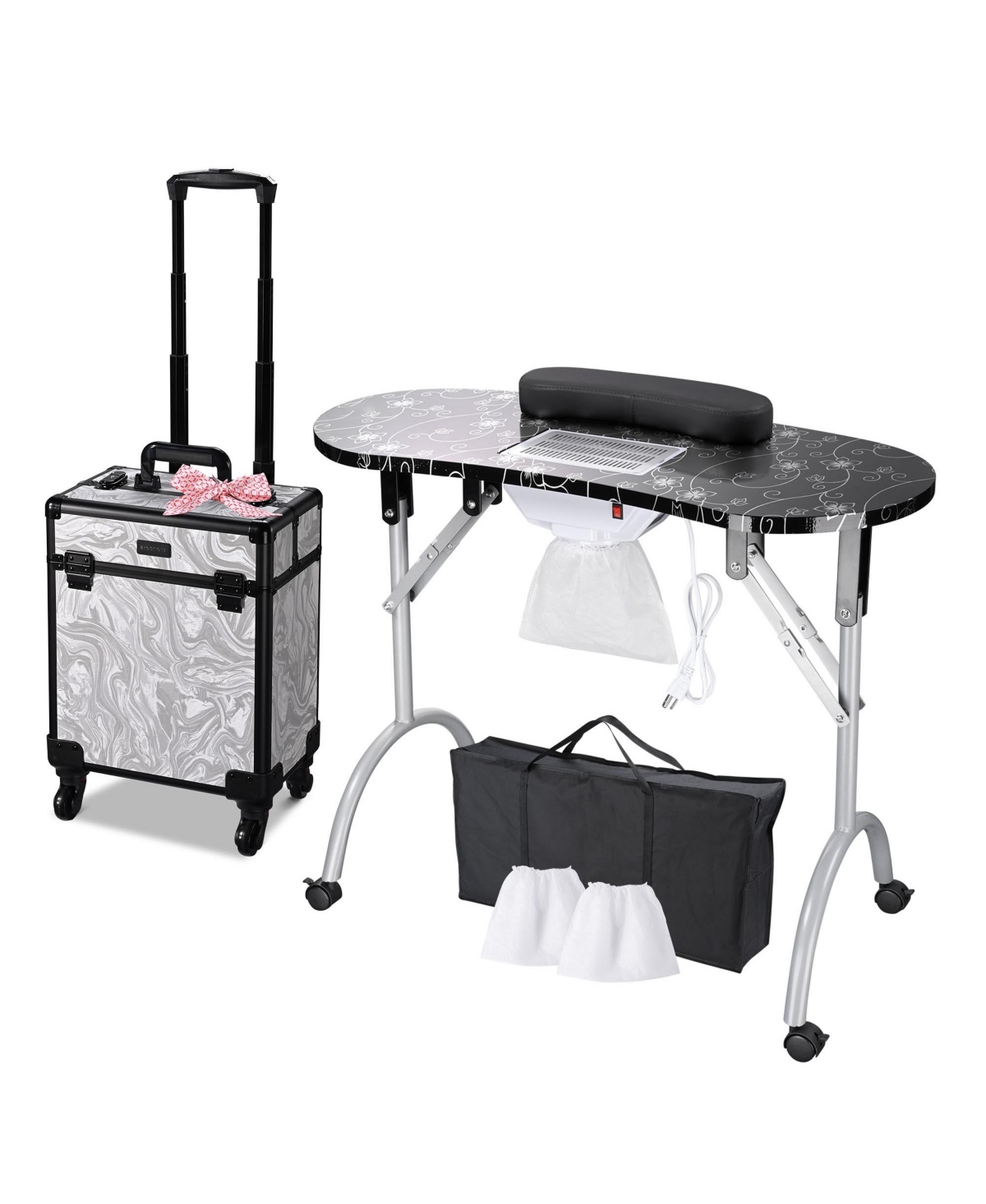 Manicure Table Nail Desk & Rolling Makeup Train Case Kit Salon Cb Dusk - Black