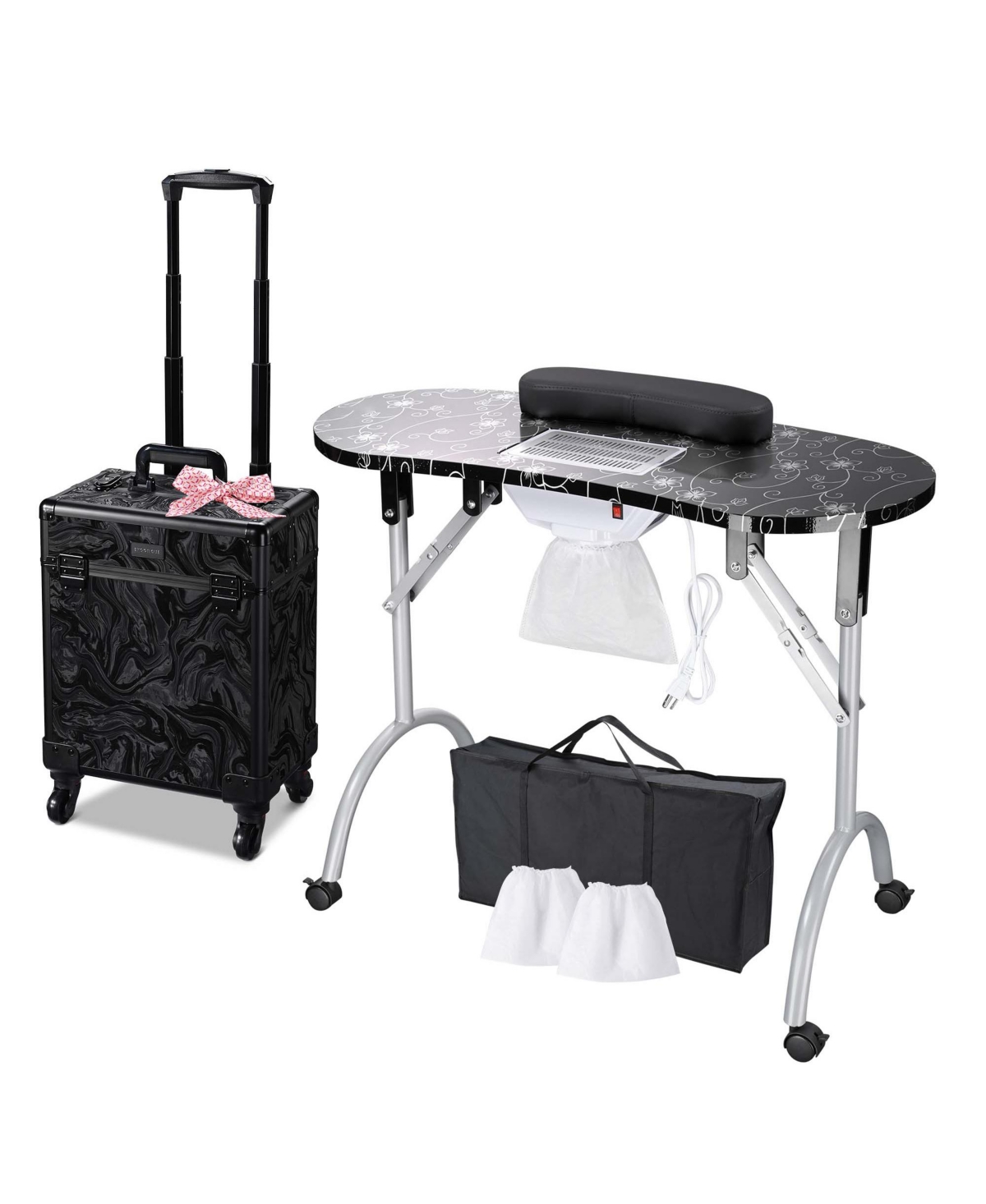Manicure Table Nail Desk & Rolling Makeup Train Case Kit Salon Cb Dusk - Black