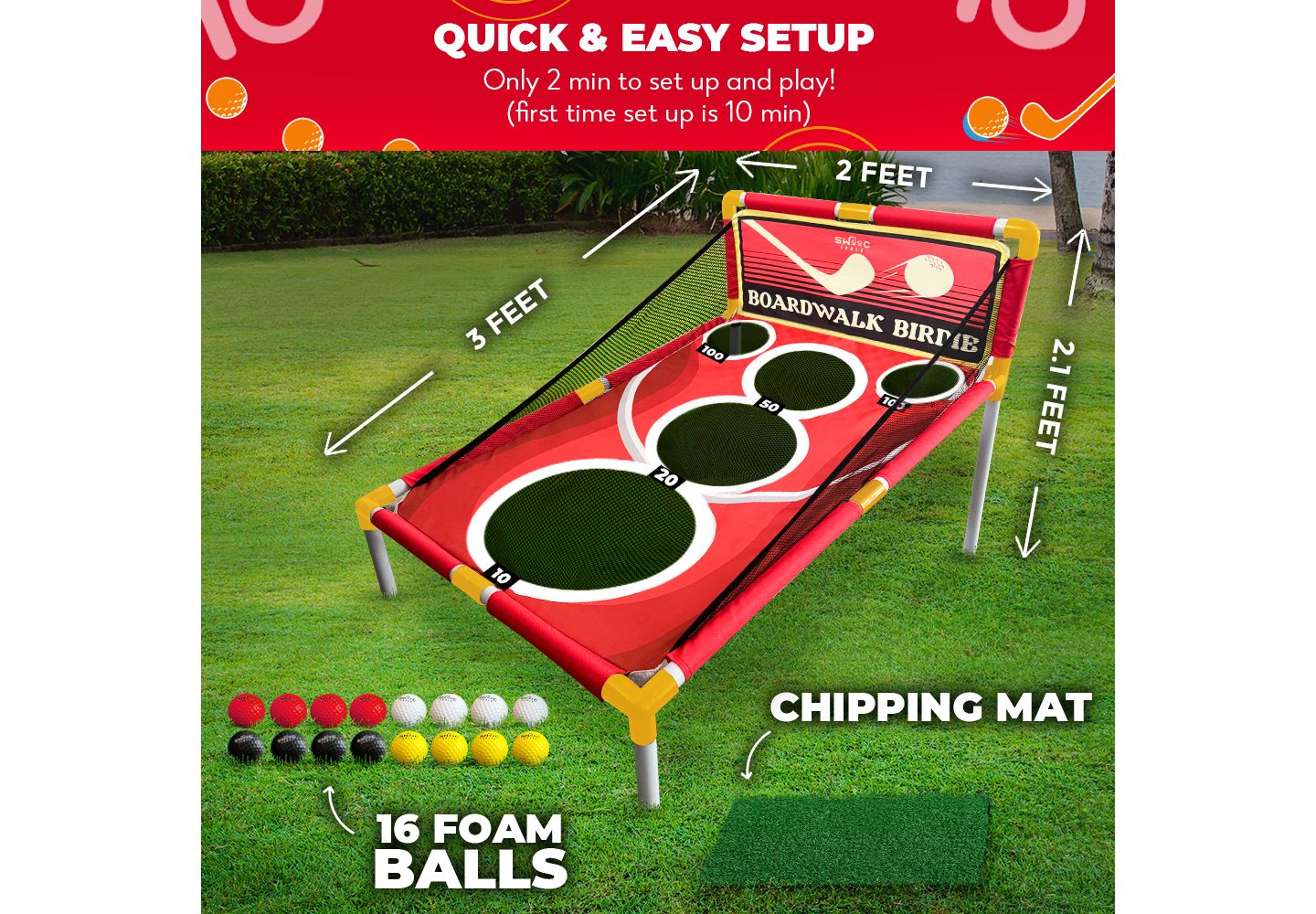 Детская игрушка SWOOC Boardwalk Birdie Arcade-Style Golf Chipping Game with 10+ Games, For 2-8 Players, Ages 5+, цвет: Красный — фото 4