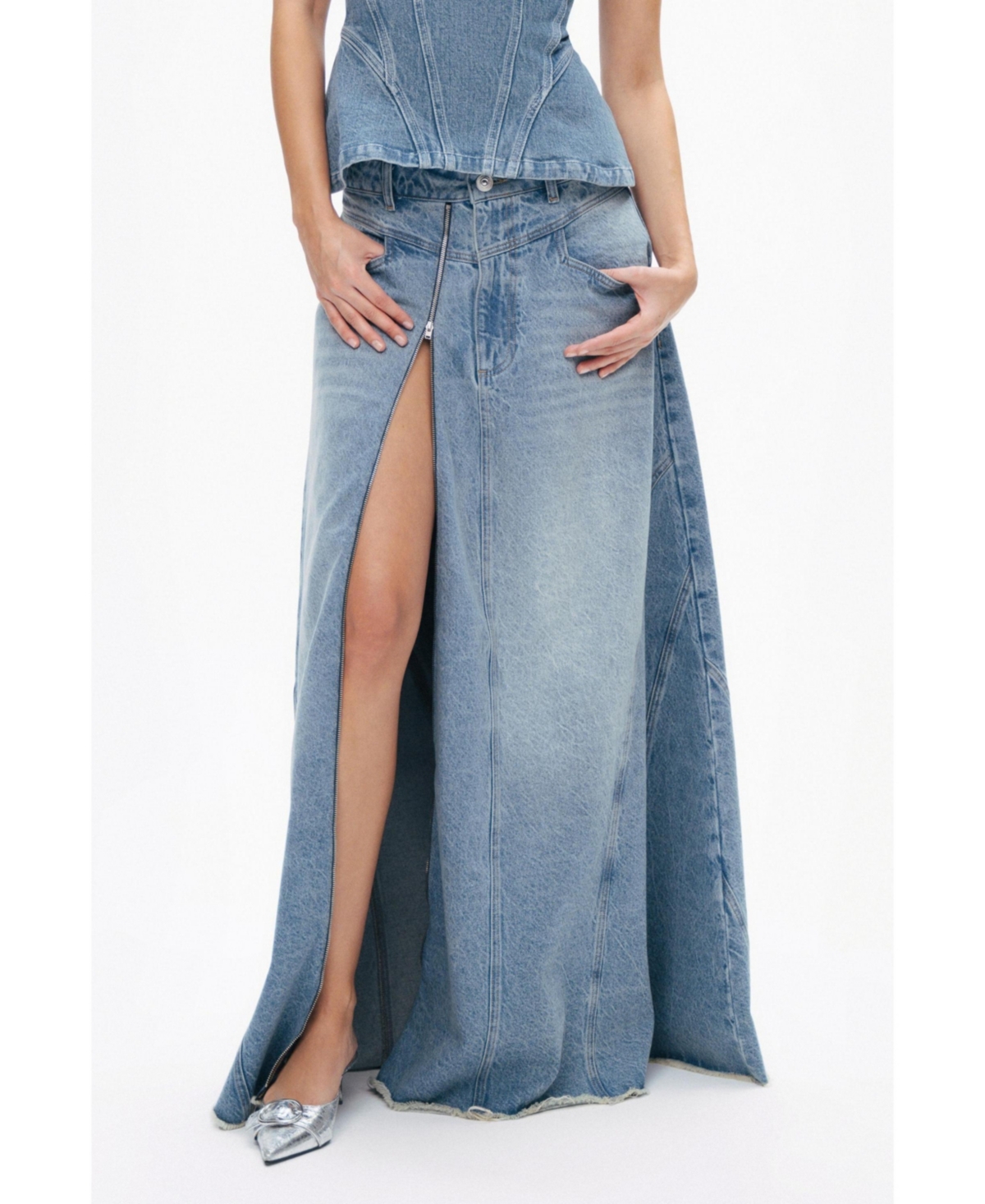 Women's Slit Detailed Maxi Denim Skirt - Blue