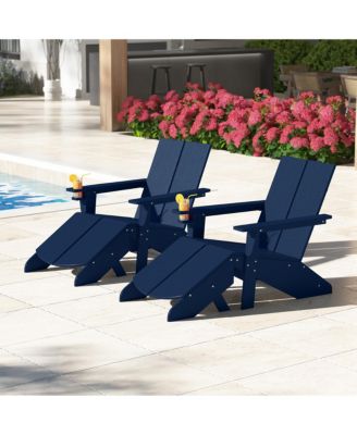 Outdoor 4-Piece HDPE Modern Adirondack Chairs Set with Folding Patio Ottomans and Cup Holder