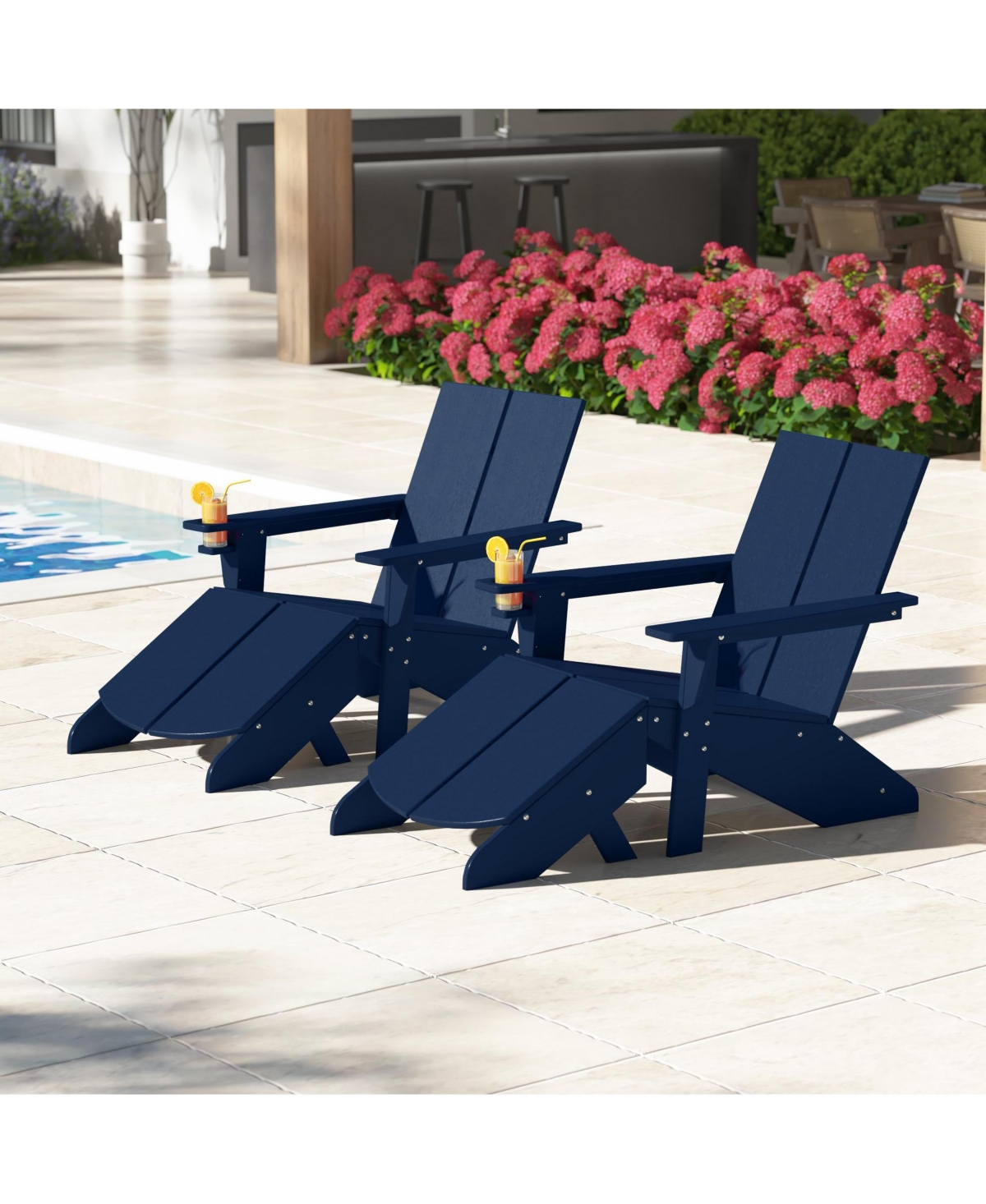 Outdoor 4-Piece Hdpe Modern Adirondack Chairs Set with Folding Patio Ottomans and Cup Holder