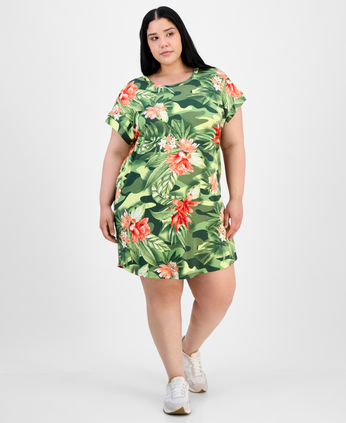 Trendy Plus Size Button-Shoulder Dress - Camo Floral