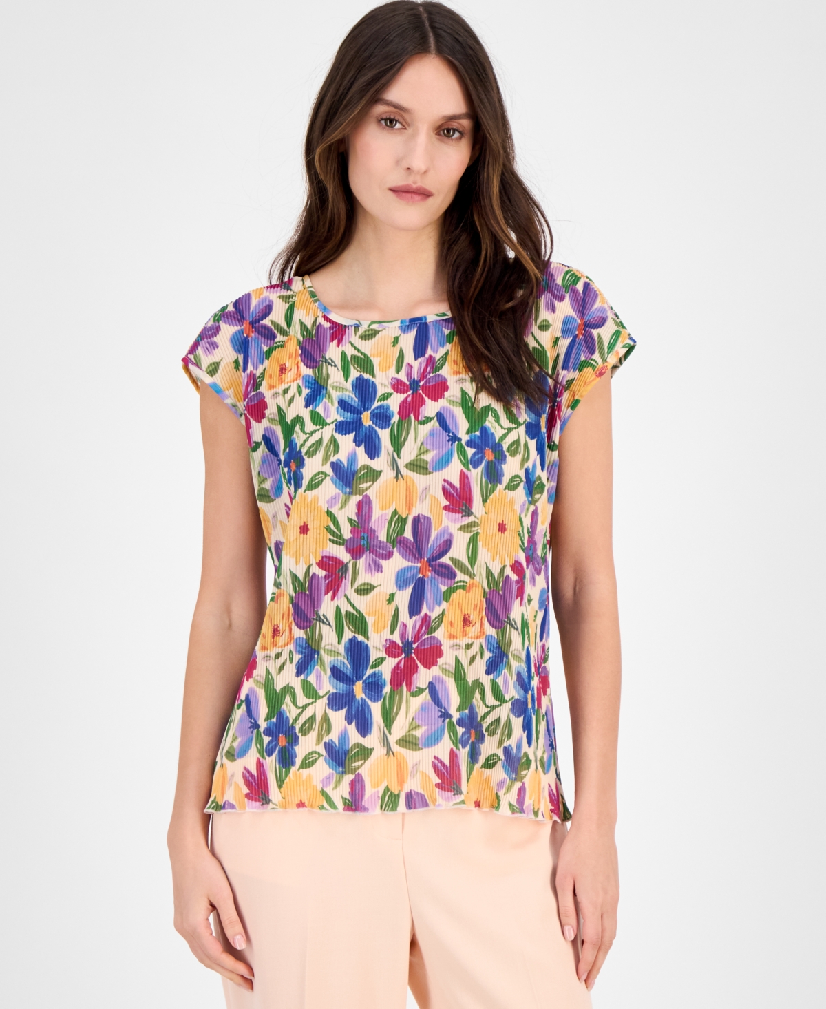 Women's Floral-Print Plisse Blouse - Sand Jungle