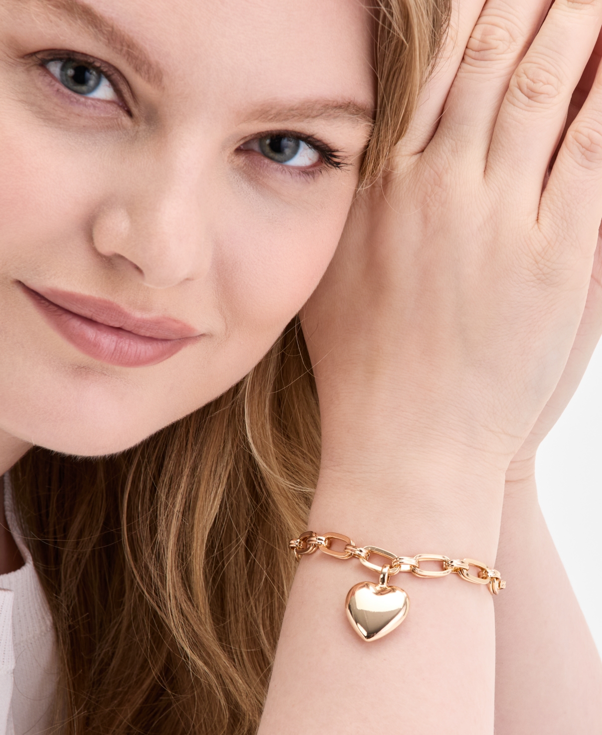 On 34th Gold-Tone Puffy Heart Charm Link Bracelet, Exclusively at Macy's