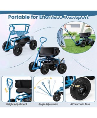 Cushioned Rolling Garden Cart Scooter with Storage Basket and Tool Pouch
