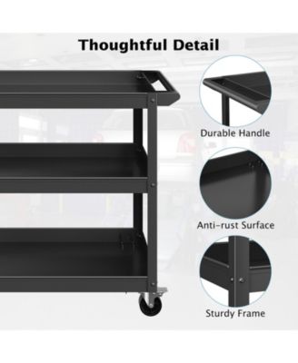 3-Tier Metal Utility Cart Trolley Tool with Flat Handle and 2 Lockable Universal Wheels