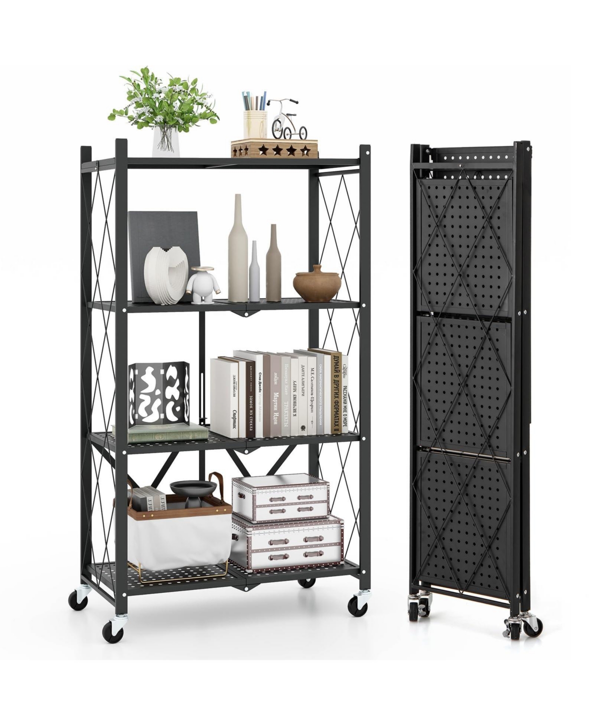4-Tier Foldable Storage Shelf Collapsible Storage Rack with Lockable Wheels - Black
