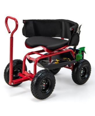 Cushioned Rolling Garden Cart Scooter with Storage Basket and Tool Pouch