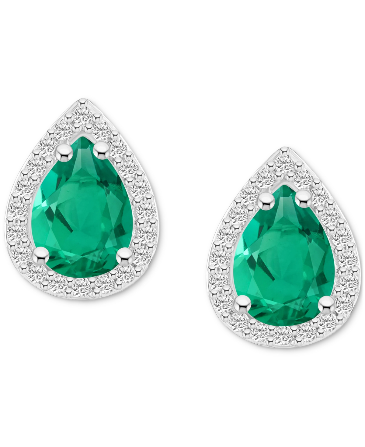 Macy's Lab-created Emerald (1-1/3 Ct. T.w.) & Lab-created White Sapphire Pear Halo Stud Earrings In 10k Gol In Emerald,white Gold