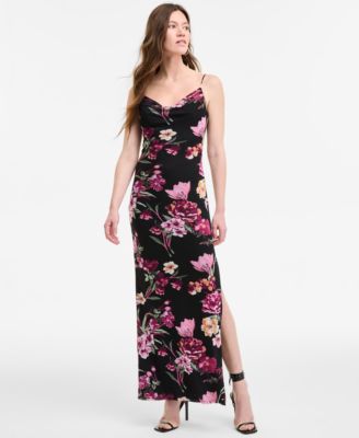 B Darlin - Women's Cowlneck Side-Slit Floral-Print Slip Dress