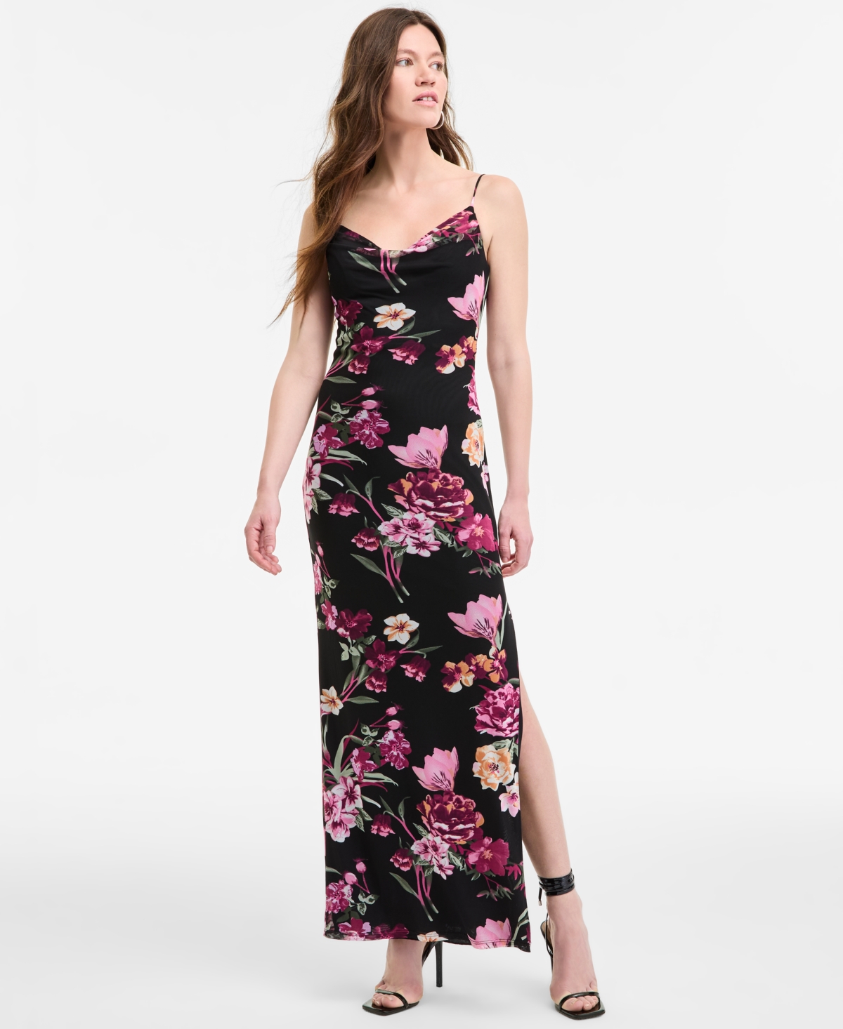 B Darlin Women's Cowlneck Side-slit Floral-print Slip Dress