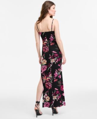 Juniors' Cowlneck Side-Slit Floral-Print Slip Dress