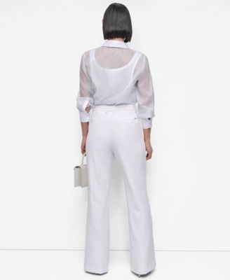 Dkny Womens Striped Button Front Shirt Flare Leg Pants In White