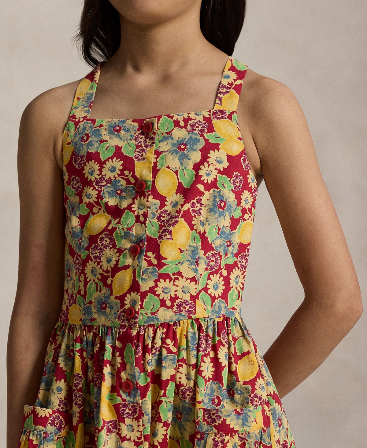 Polo Ralph Lauren Lemon-floral Slub Cotton Dress In Red
