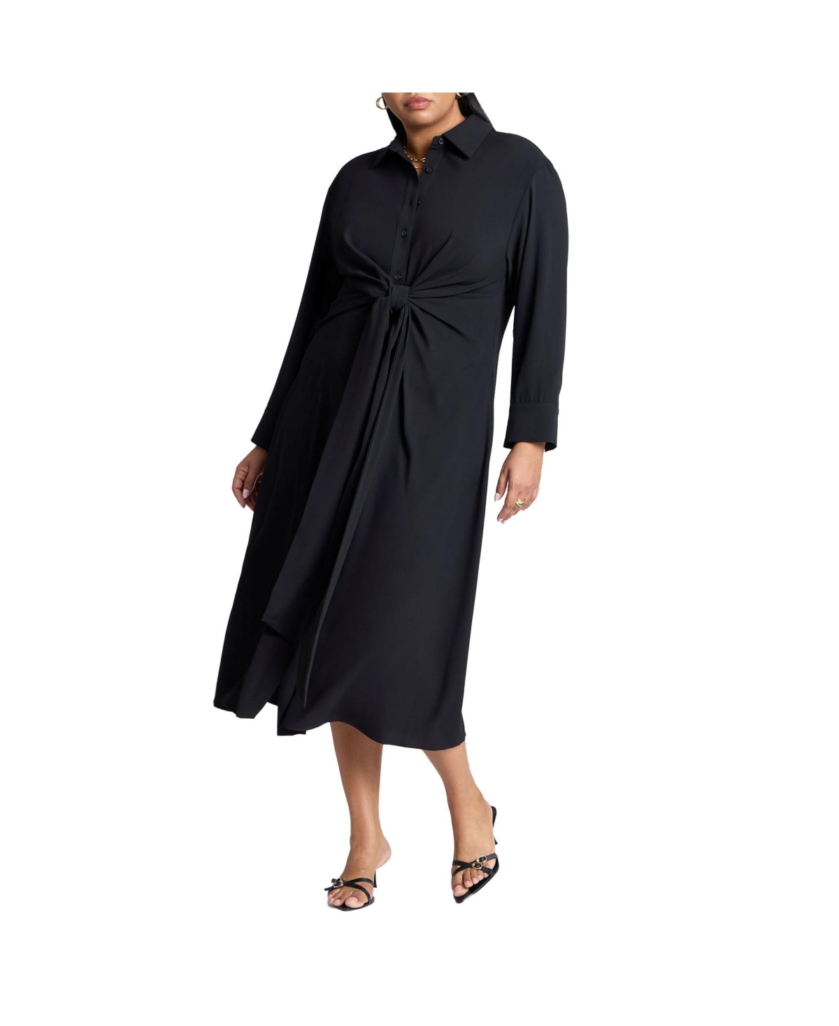 Plus Size Tie Front Oversized Shirt Dress - Black onyx