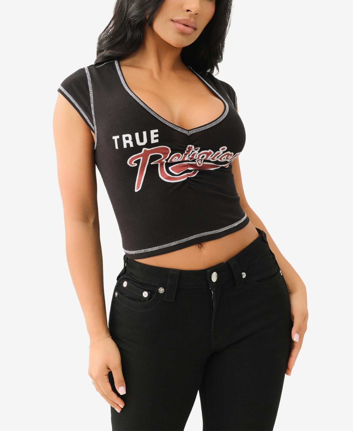 True Religion Women's Logo Ruching Cap Sleeve Top In Jet Black