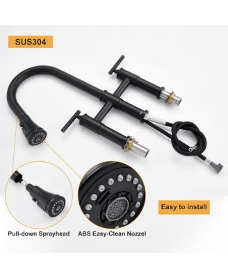 23.6" Bridge Kitchen Faucet with Pull Down Sprayer Bridge Faucet 3 Holes Double Handle Kitchen Faucet Brass Kitchen Faucets