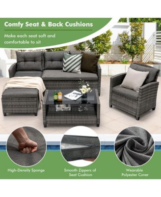 4 Piece Rattan Outdoor Conversation Sectional Sofa Set Patio Furniture Set w/ Cushions