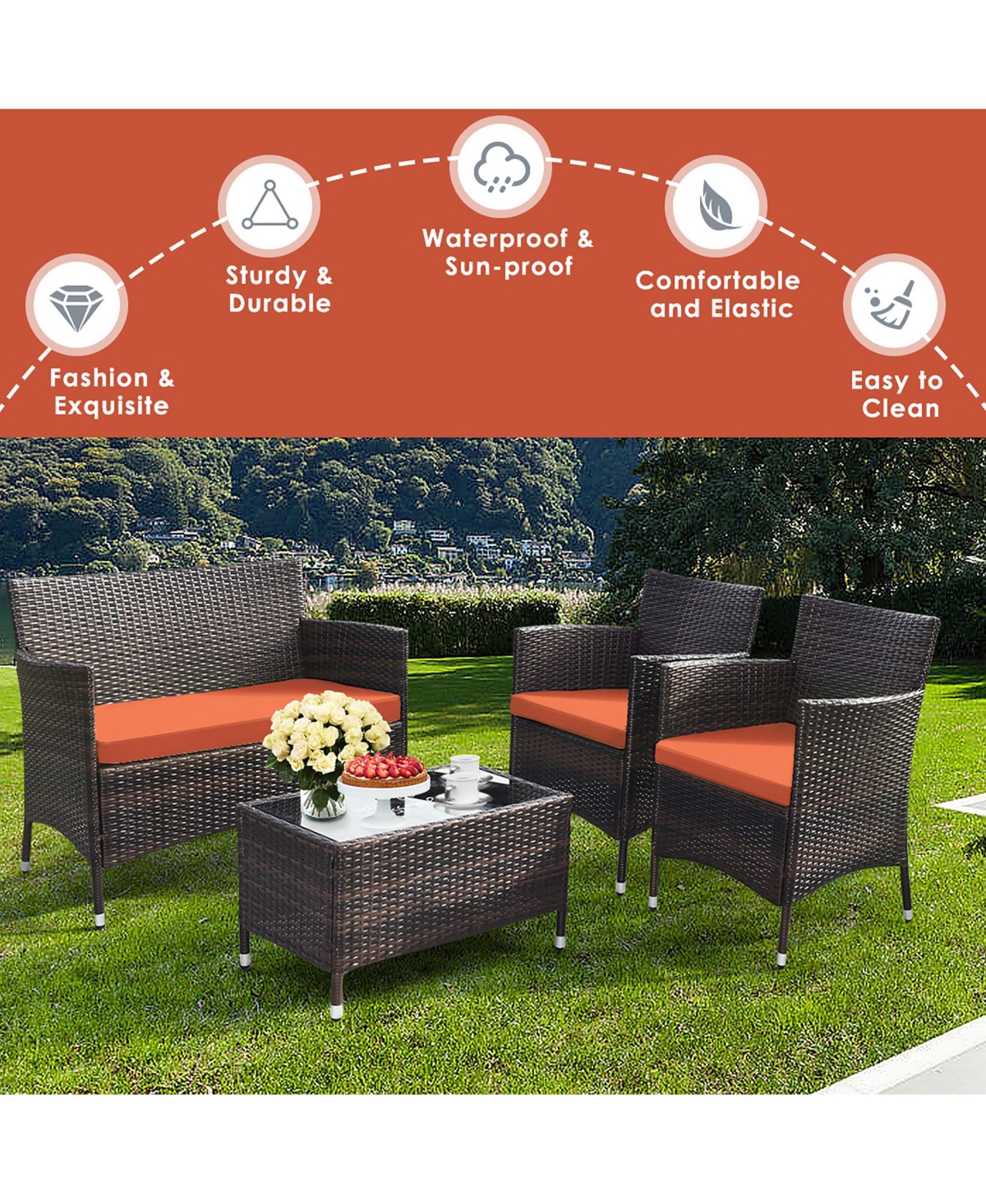 Gymax Set of Outdoor Patio Rattan Conversation Furniture Set w/ Cushion Table