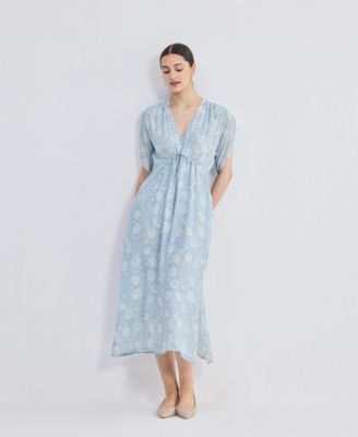 Women's Maxi Gathered Dress in Blue Florals