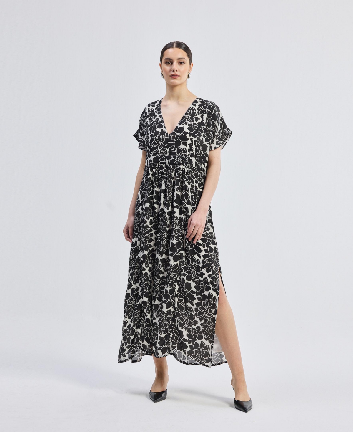 Women's Deep V-neck Maxi Dress with Front Gathers in Black Florals - Black