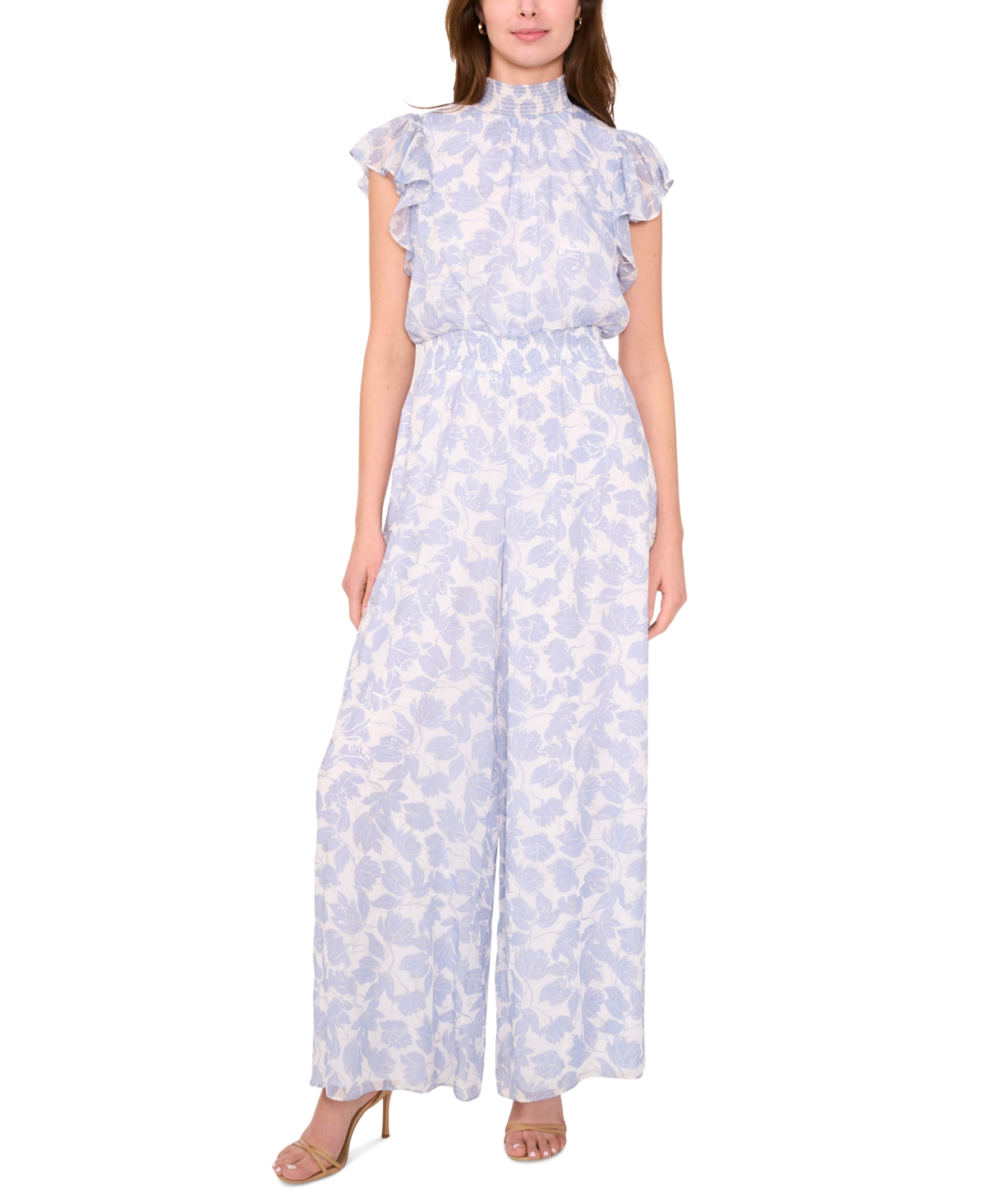 Petite Floral Smocked-Waist Flutter-Sleeve Jumpsuit - Rainwashed