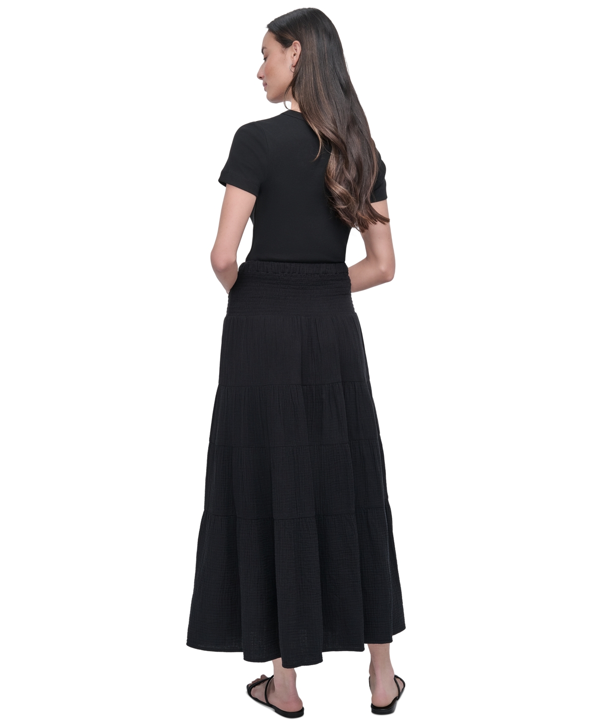 DKNY JEANS PETITE COTTON SMOCKED-WAIST TIERED MAXI SKIRT 