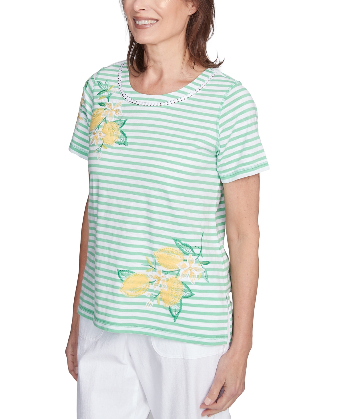 Alfred Dunner Petite Rise Shine Lemon Printed Striped Top In Lime