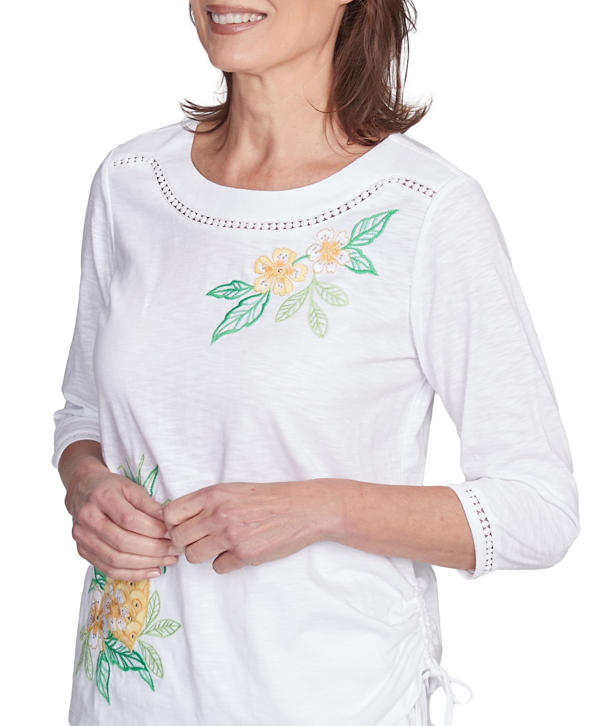 Alfred Dunner Petite Rise Shine Embroidered Pineapple Top In Multi White