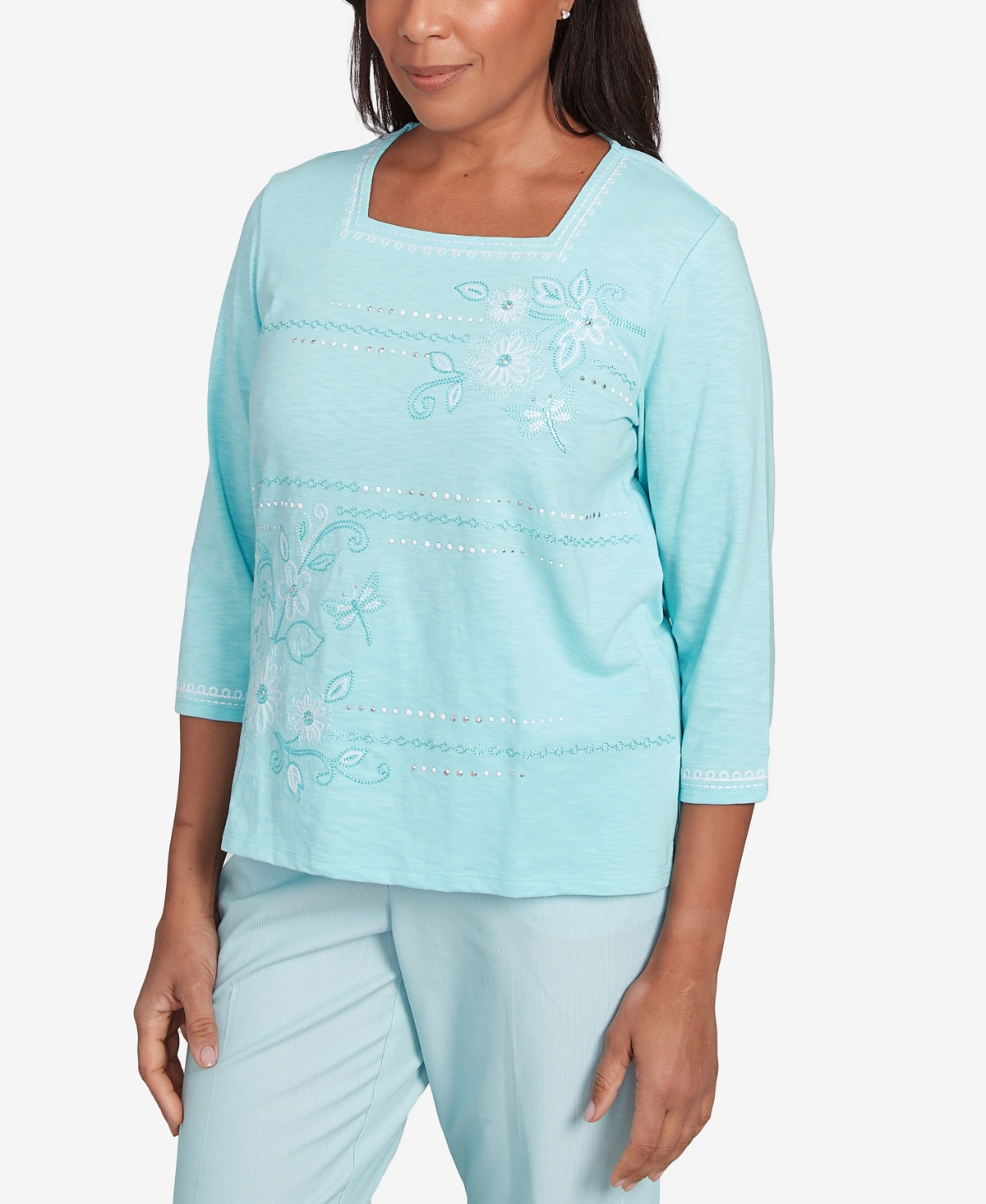Alfred Dunner Plus Size St. Thomas Asymmetrical Dragonfly Embroidery Top In Blue