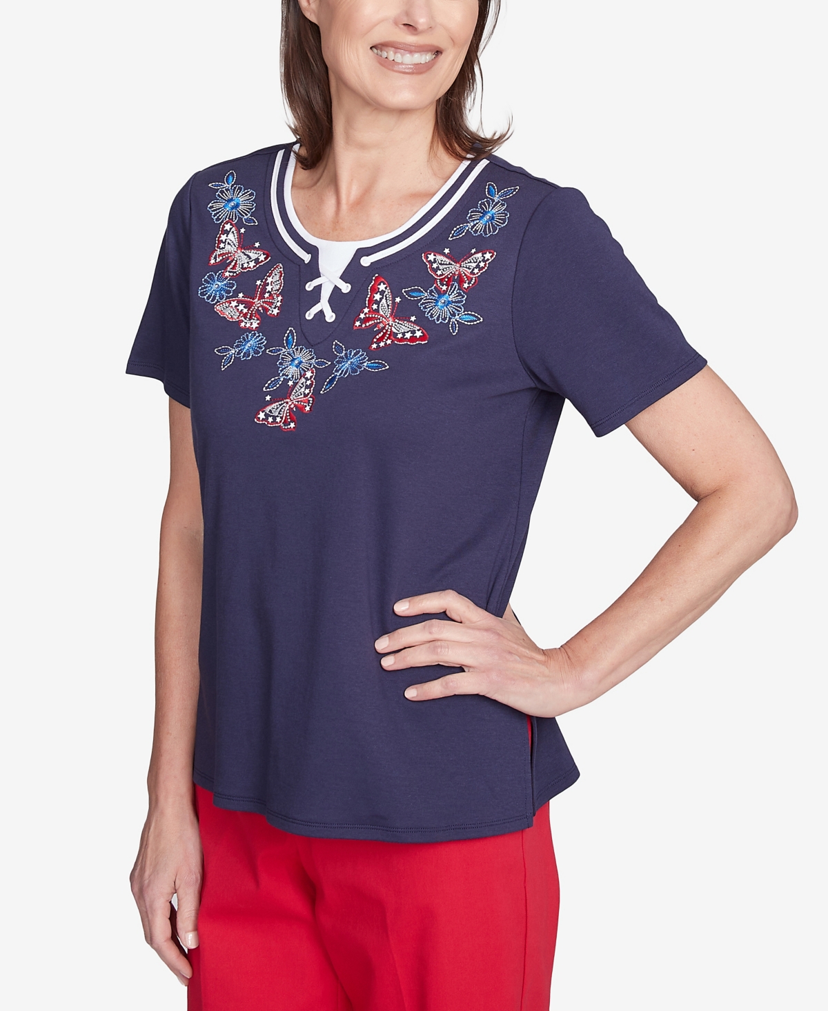 Alfred Dunner Plus Size Land Of The Free Butterfly Criss-cross Crew Neck Top In Navy