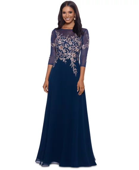 Petite Floral-Embroidered Mesh Gown - Navy/Rose