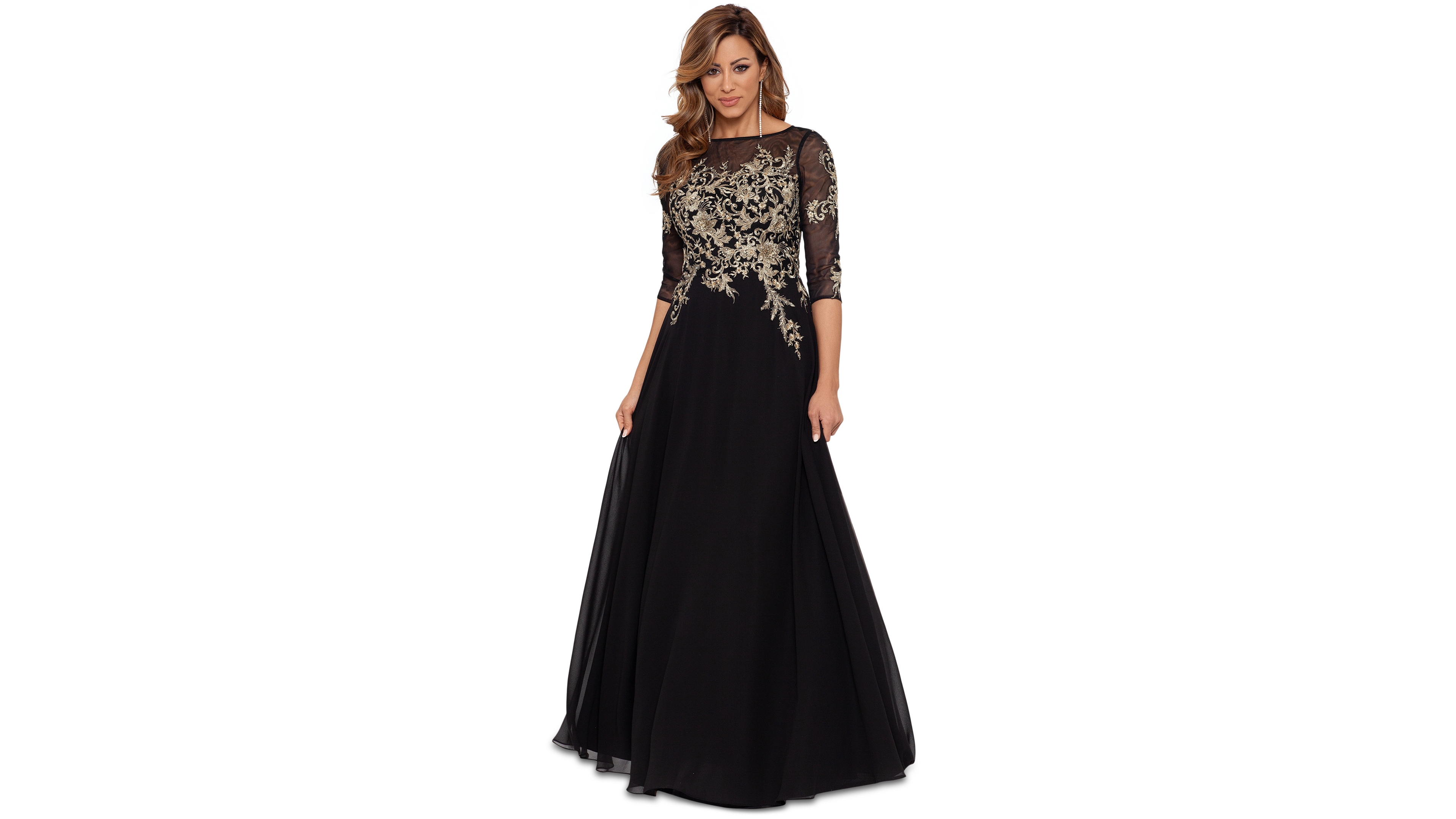 Betsy & Adam Petite Floral-Embroidered Mesh Gown