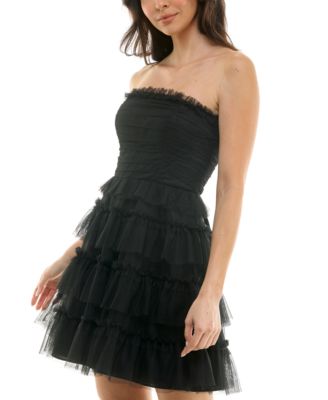 Juniors' Ruffled Tulle Strapless Fit & Flare Dress