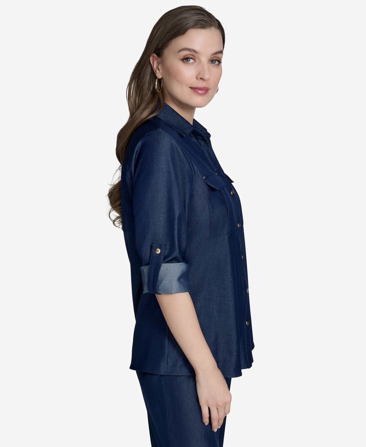 HALSTON WOMEN'S COLLARED ROLL-TAB-SLEEVE BUTTON-FRONT SHIRT 