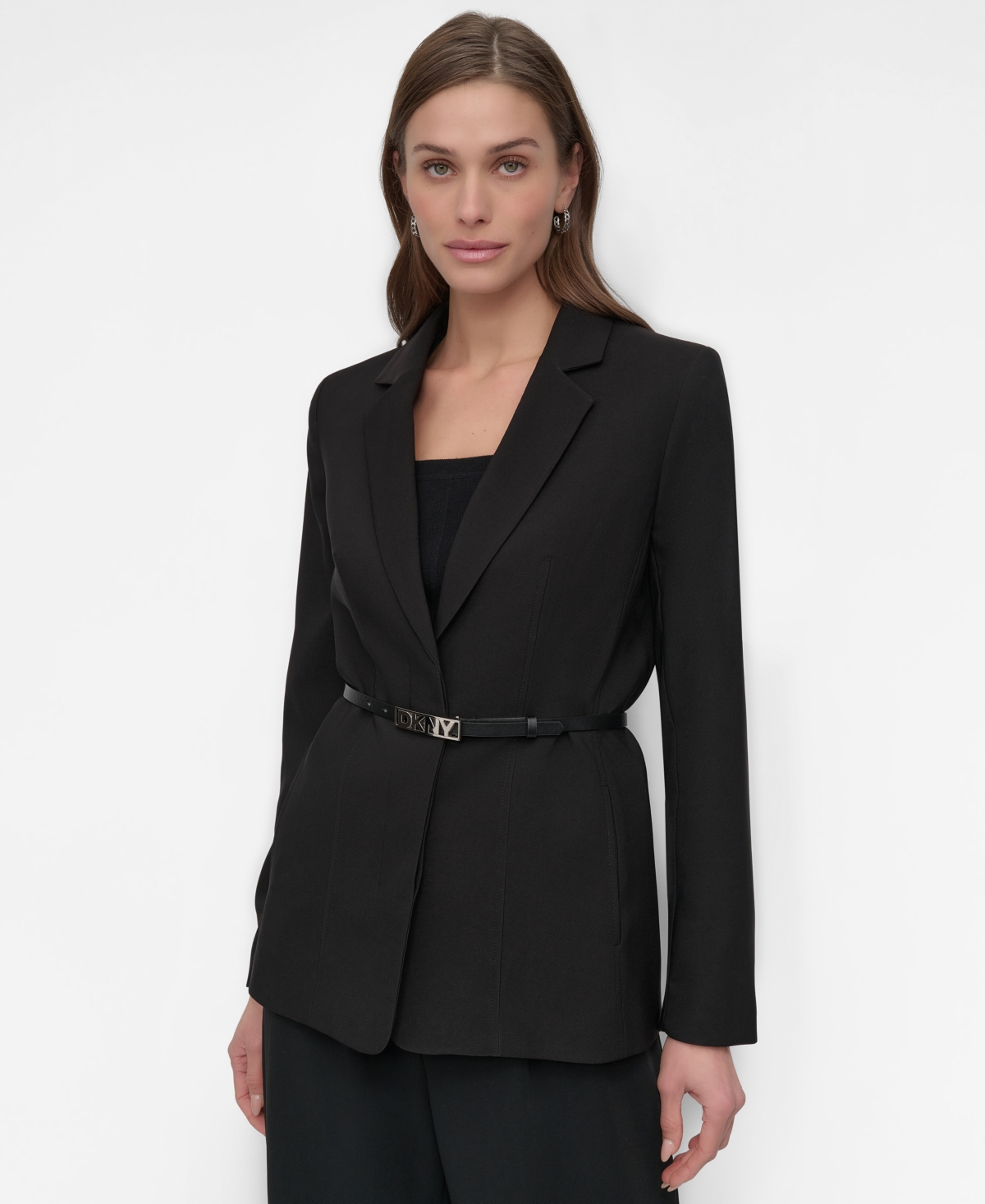 Petite Notched Collar Belted Two-Button Blazer - Black