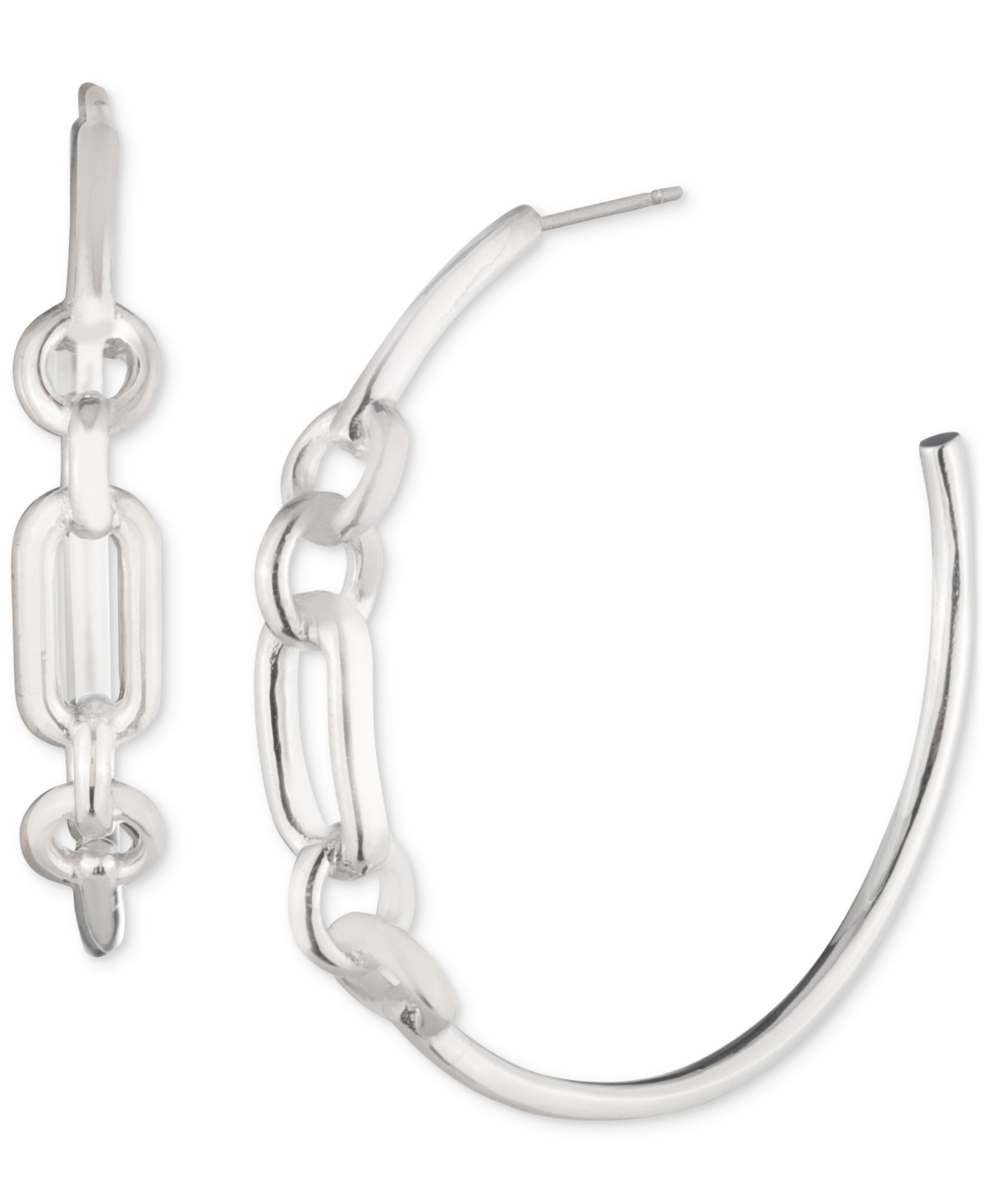 Sterling Silver Medium Link C-Hoop Earrings, 1.38" - Rhodium