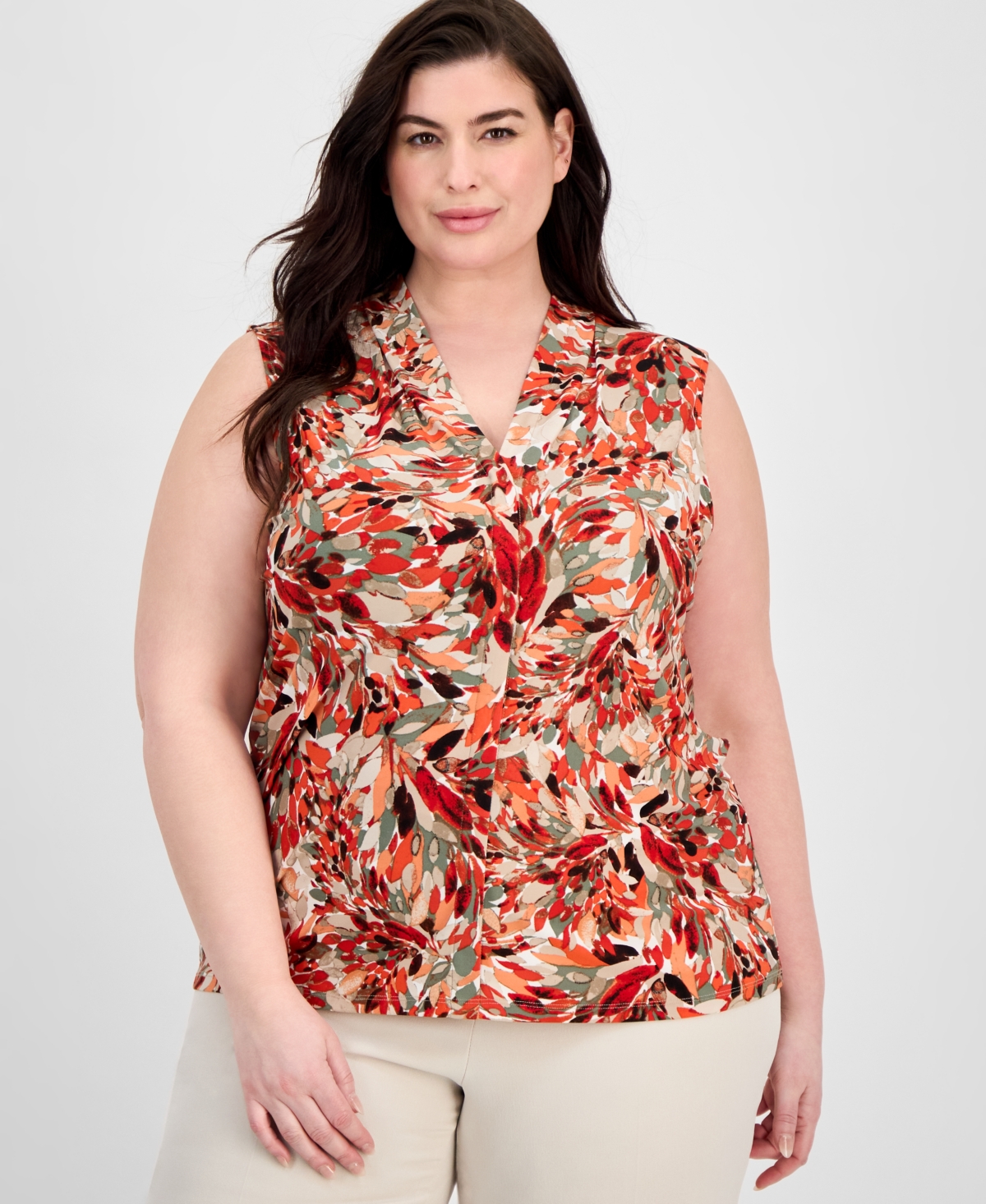 Plus Size Printed Pleat-Neck Top - Vanilla Ice Multi