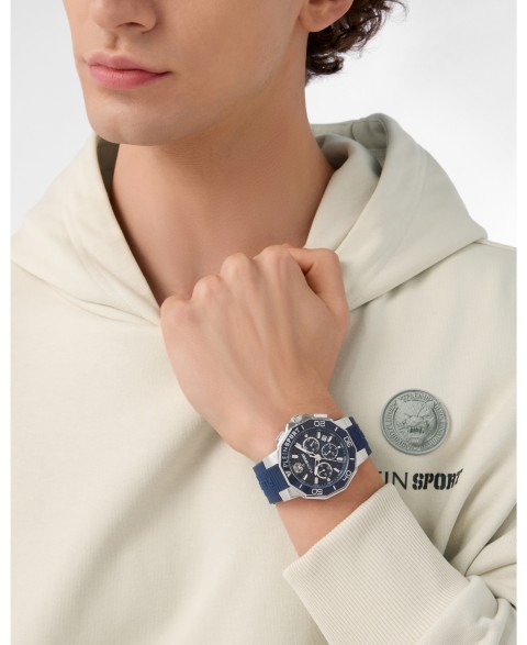 Мужские Plein Sport Men's Titan Chronograph Date Quartz Blue Silicone Strap Watch, 46mm