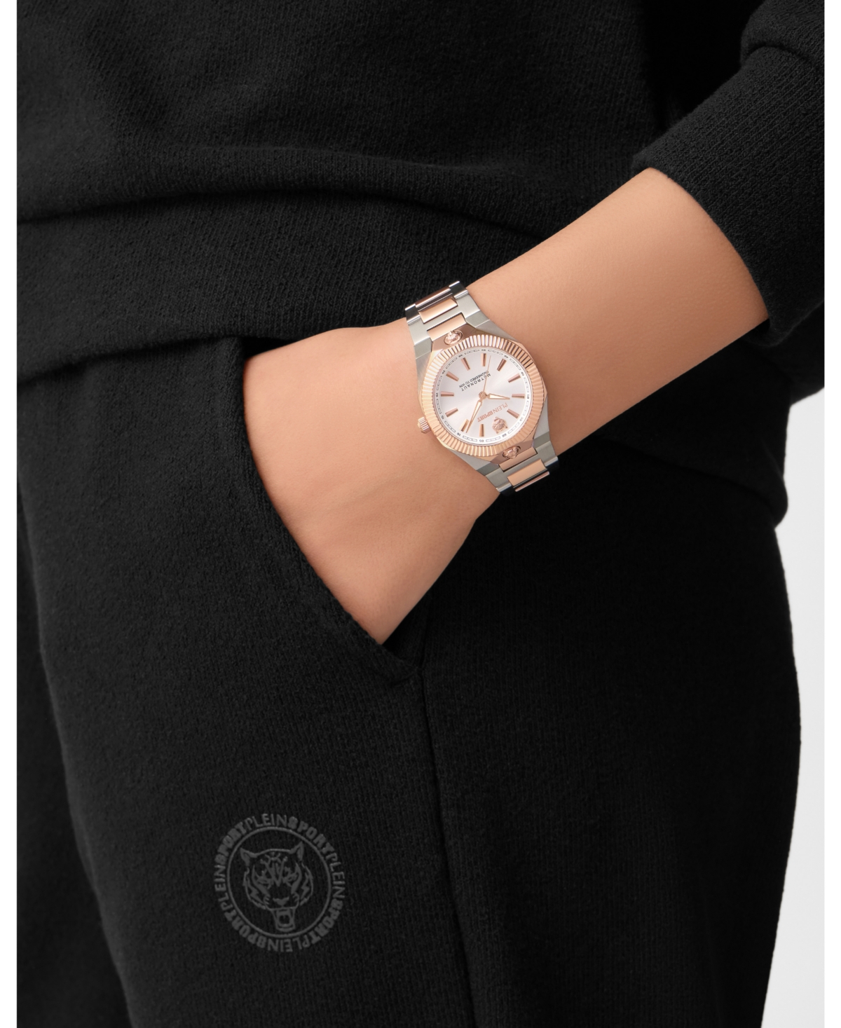Plein Sport Elegant Two-tone Bracelet Watch With Silver Sunray Dial In Metallic