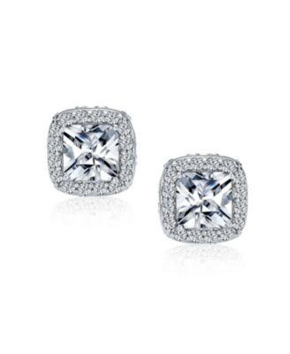 Asscher Cut CZ Stud Earrings with Halo Pave in Silver Brass