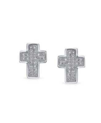 Traditional Religious CZ Stud Earrings, Micro Pave Cross, Sterling Silver Cubic Zirconia