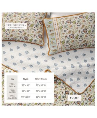 Cotton Stitched Reversible Boho Floral 3 Piece Quilt and Sham Set