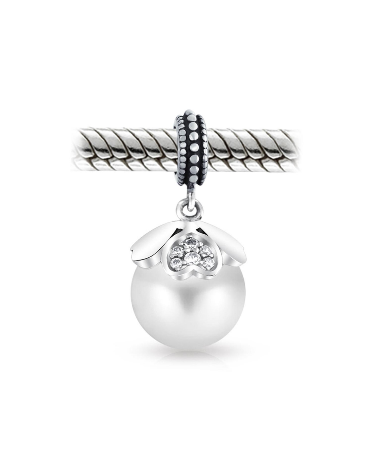 Bling Jewelry Heart Cap Pearl Dangle Charm Bead Sterling Silver European Bracelet