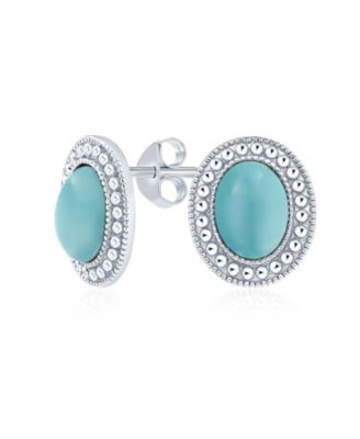 Classic Synthetic Stone Milgrain Bezel Halo Oval Stud Earrings Sterling Silver